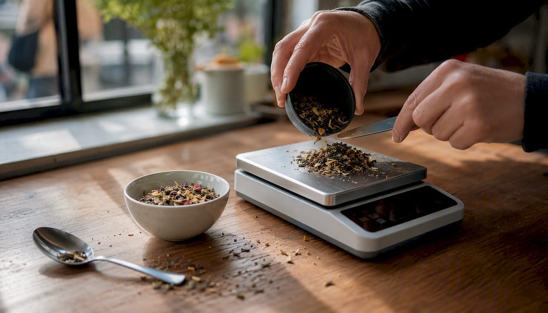Hands weighing loose tea ingredients on scale