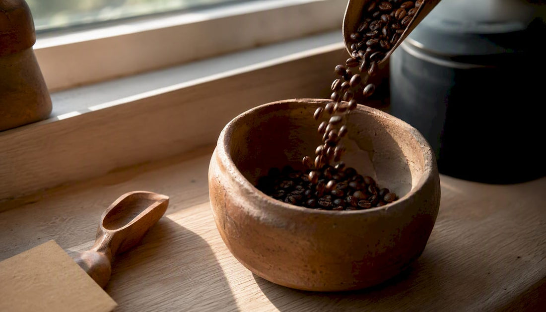 Close-up pouring of roasted coffee beans