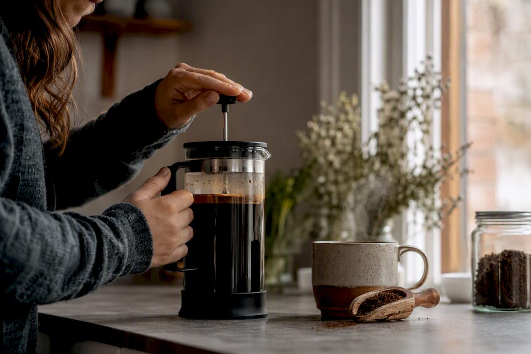 Person pressing French press plunger in kitchen