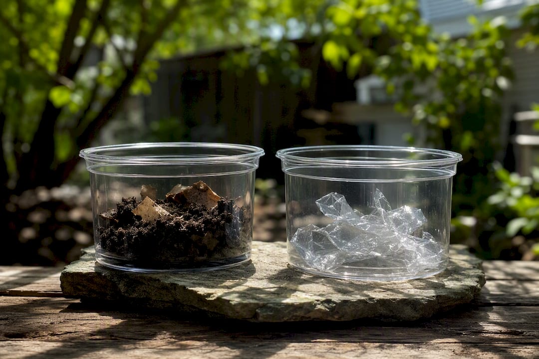 Decomposing paper vs intact PLA plastic in soil