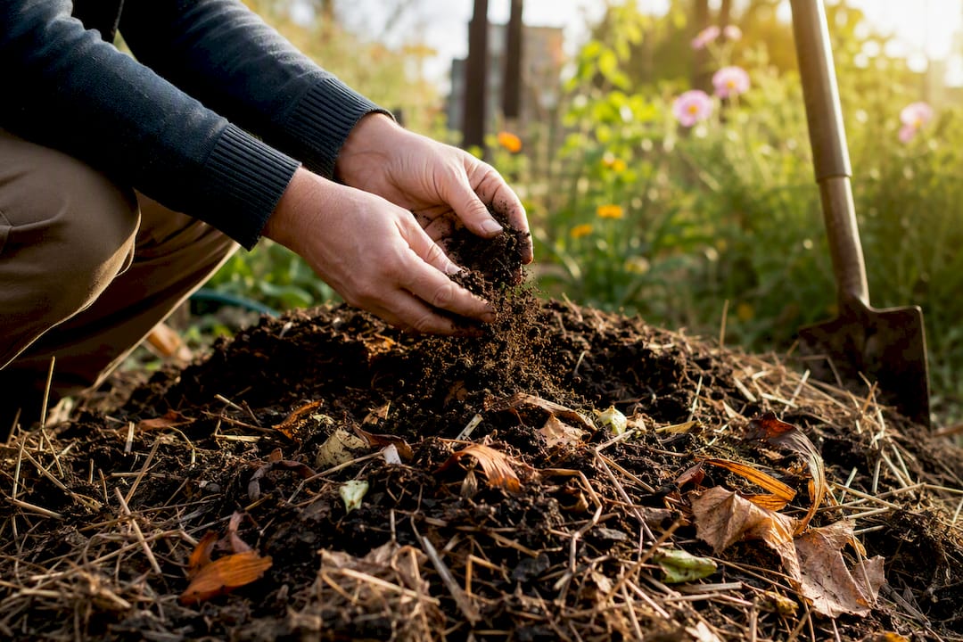 Hands spreading coffee grounds onto compost pile