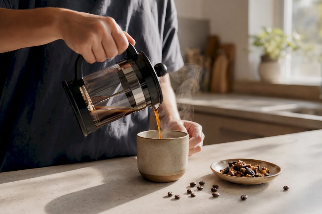 Person pouring chicory coffee blend into cup