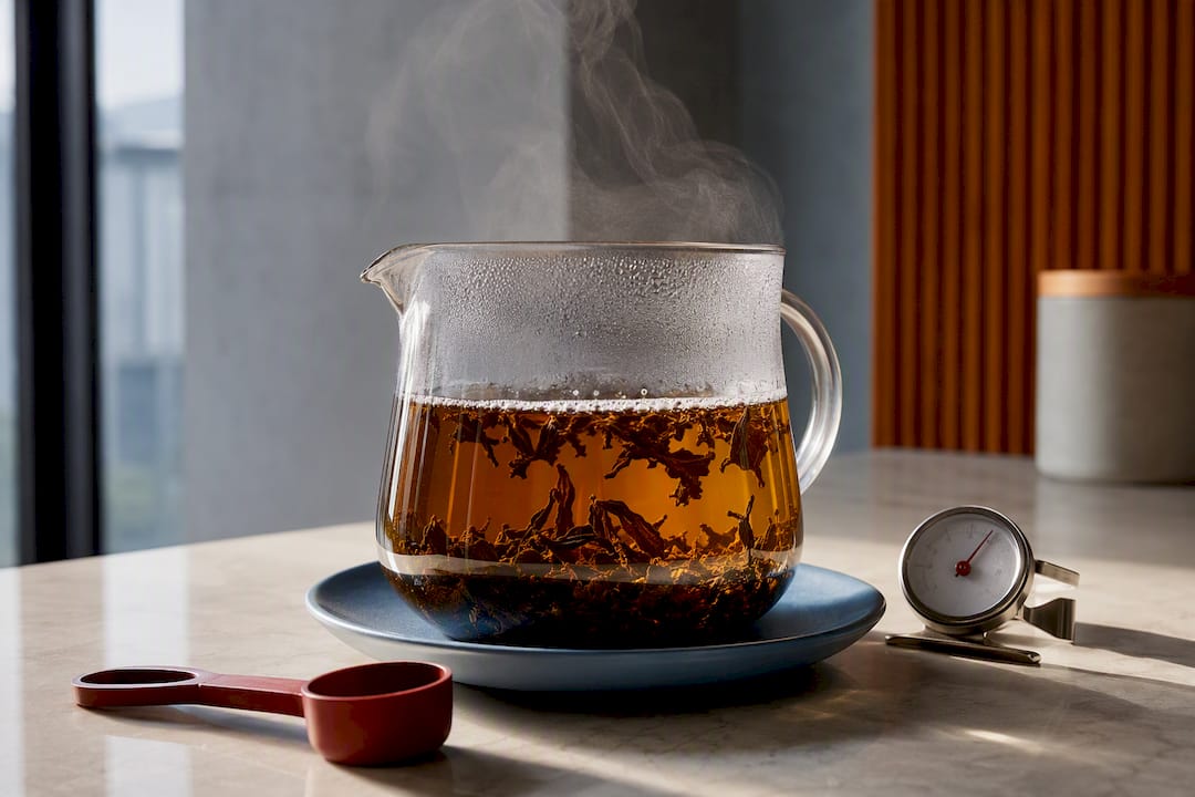 Loose-leaf tea steeping beside thermometer