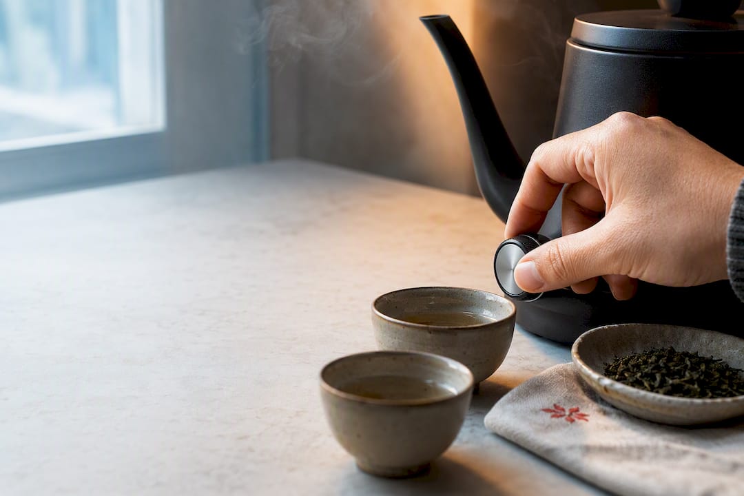 Hand adjusting tea kettle temperature control