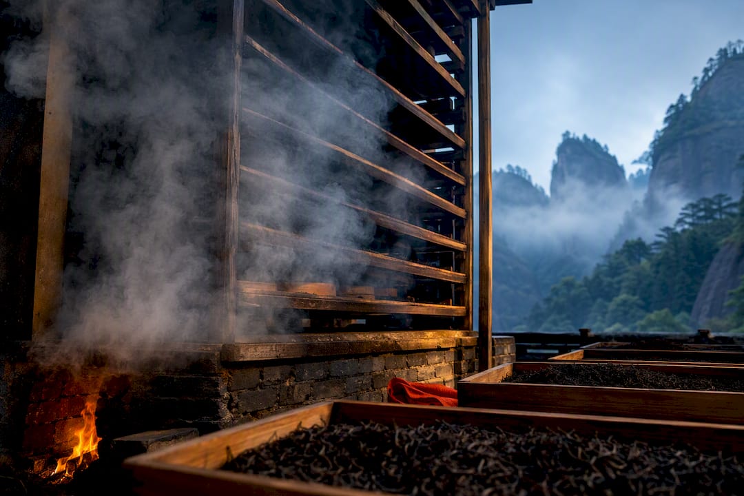 Tea leaves smoke-drying over pinewood