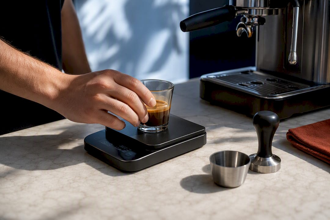 Measured espresso shot on a scale