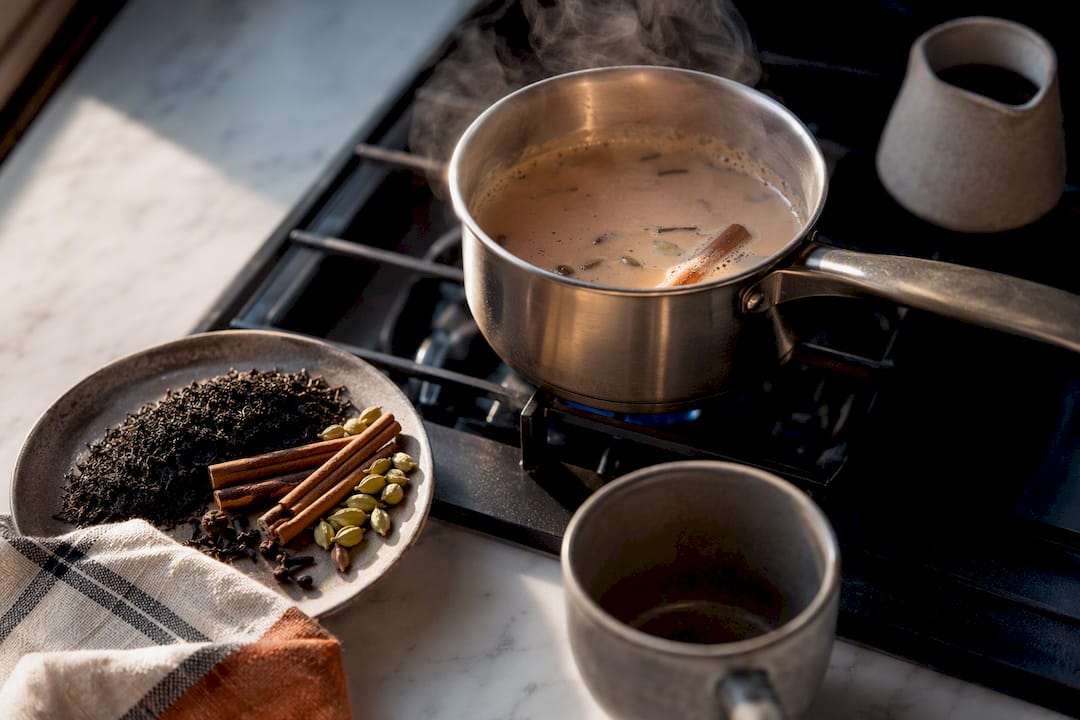 Masala chai simmering on a home stovetop