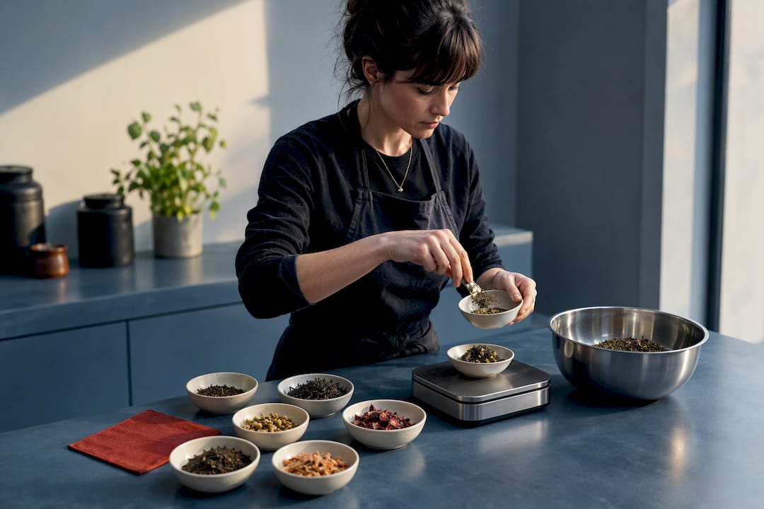 Loose tea ingredients being weighed for blending