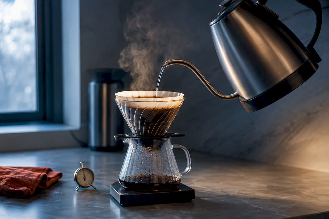 Kettle pouring water over pour-over coffee