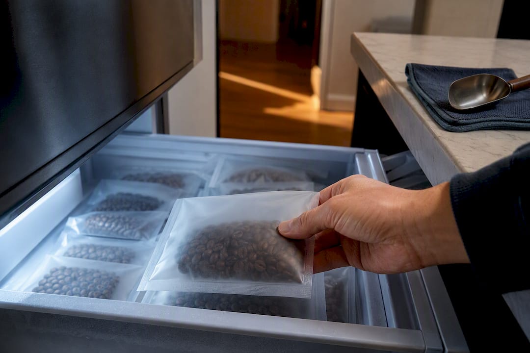 Portioned coffee beans inside open freezer drawer