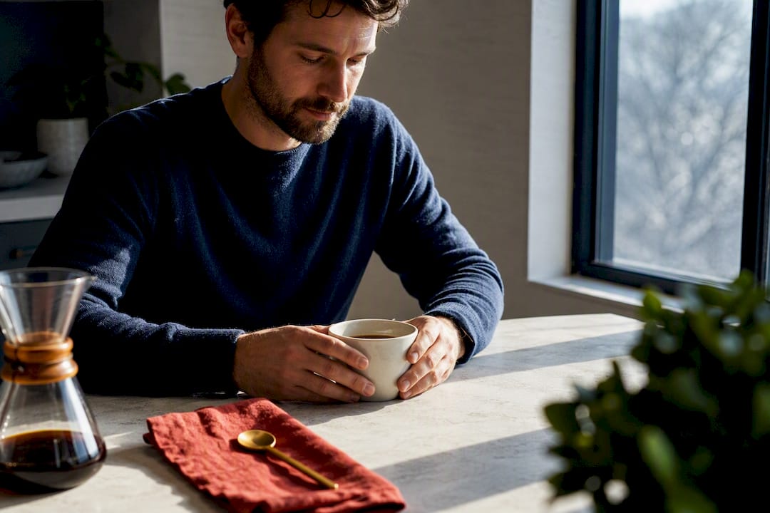 Person pausing over morning coffee