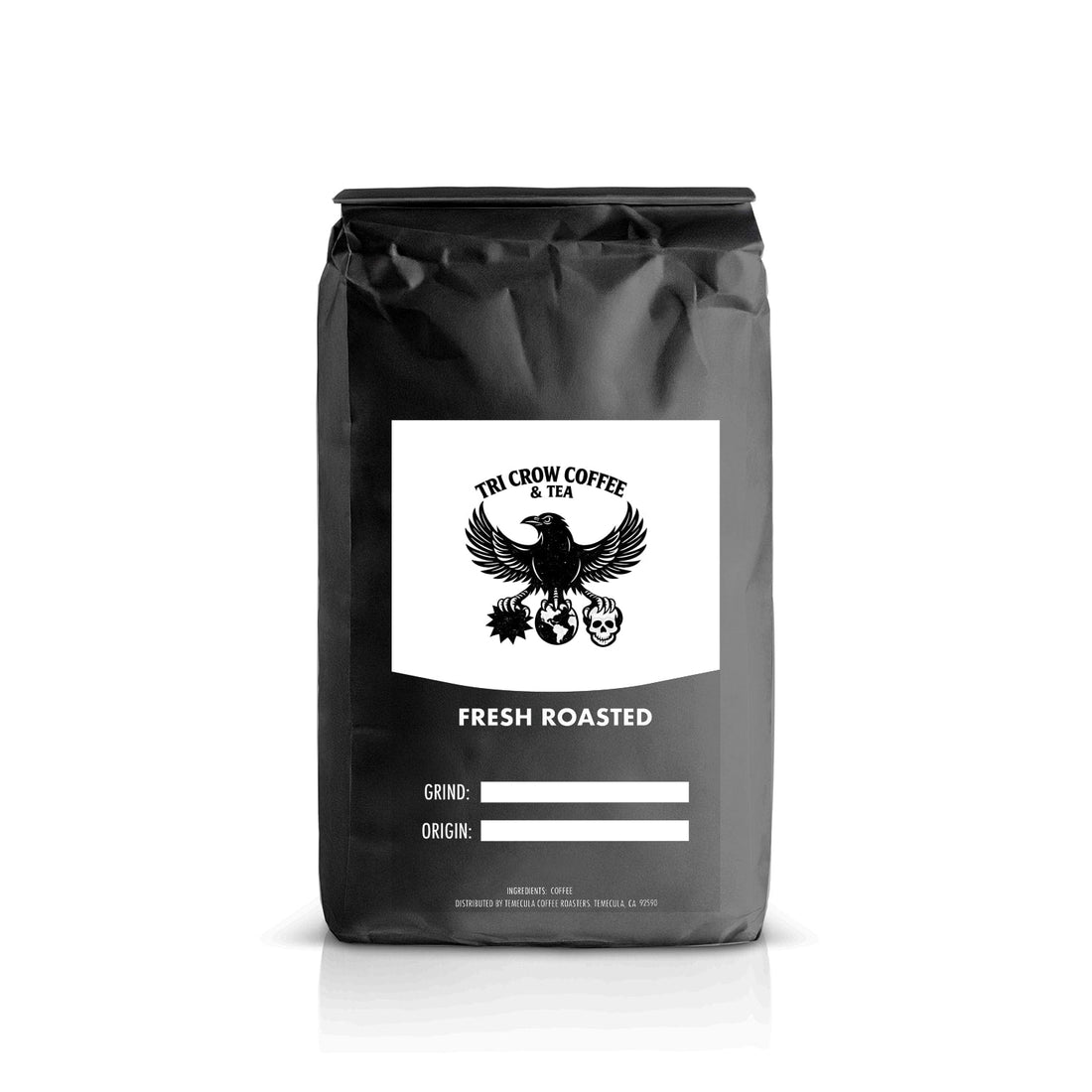 Cropped coffee pouch with crow-inspired symbol