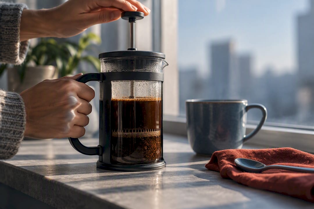 Hands pressing coffee during a mindful ritual