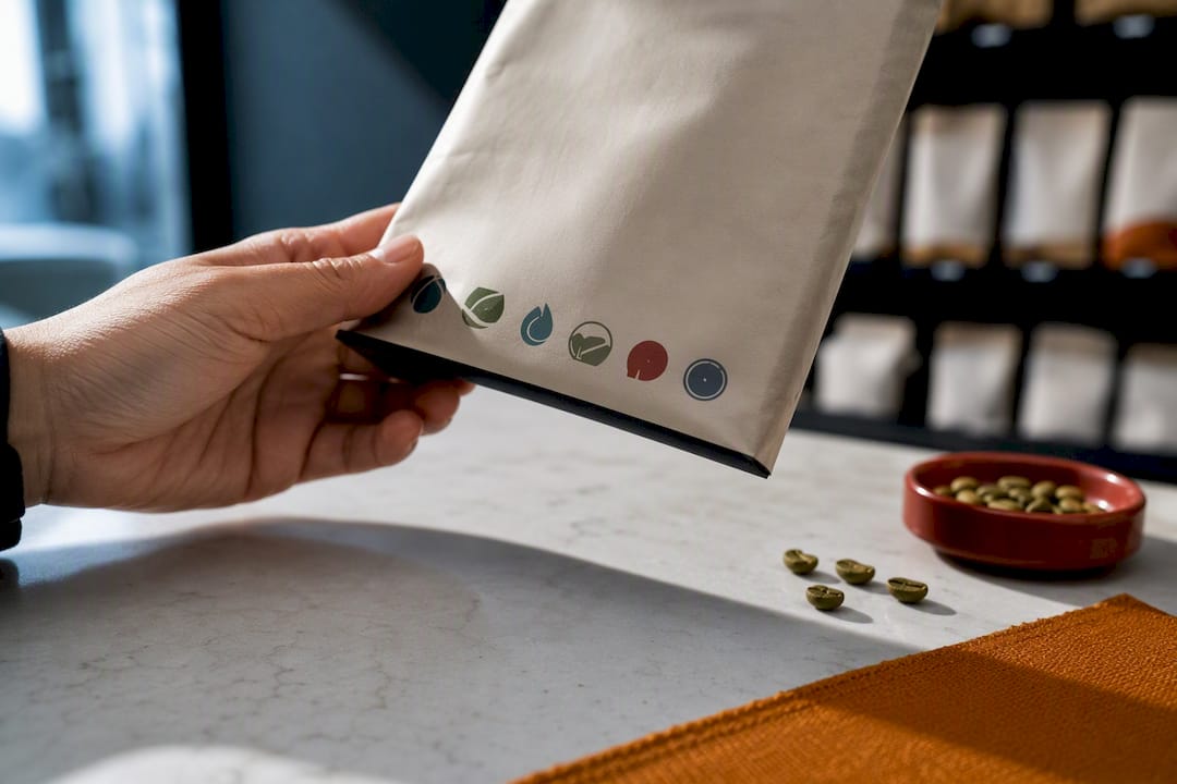 Hand inspecting abstract coffee certification seals