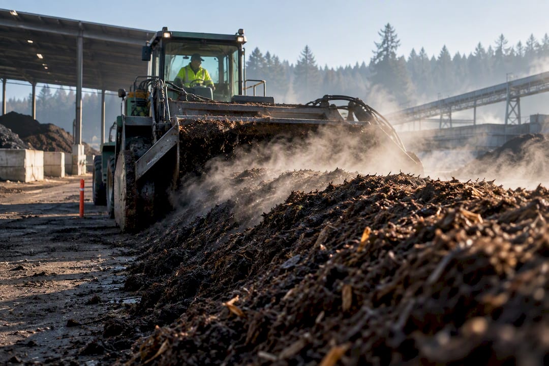 Worker turning steaming industrial compost windrow